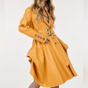Women's Long Sleeve Button Closure Belted PU Pleather Lightweight Coat